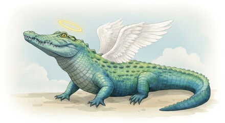 Obraz premium Watercolor Crocodile with Halo and Wings in a Dreamy Setting - A whimsical representation of a crocodile adorned with angelic wings and a halo, symbolizing purity, protection, transformation, spirit