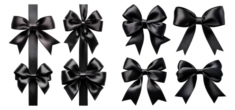 Elegant Black Ribbons and Bows for Gift Wrapping and Decoration, Isolated on Transparent Background