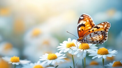 Obraz premium Delicate butterfly on a chamomile flower field in soft sunlight.