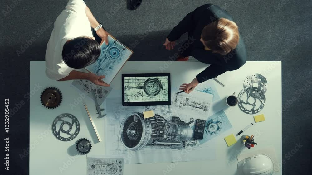 Poster top down view of skilled engineer working together while looking at jet engine. aerial view of smart