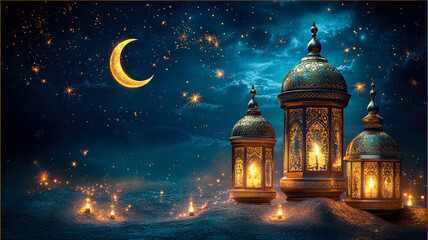 Fototapeta premium Islamic Lanterns and Crescent Moon Night Scene 