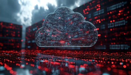 A digital cloud hovers over a computer server environment landscape