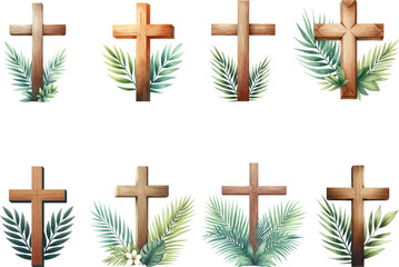 Christian cross vector sumbol .Palm Sunday consept. Wooden cross with palm leaves .  Good Friday .Ester celebration. Simple christian cross collection.