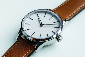 Timeless elegance captured in a minimalist watch design with a brown leather strap and white dial, showcasing precision in detail