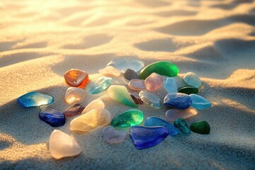 Colorful sea glass pieces scattered on a sunlit sandy beach.