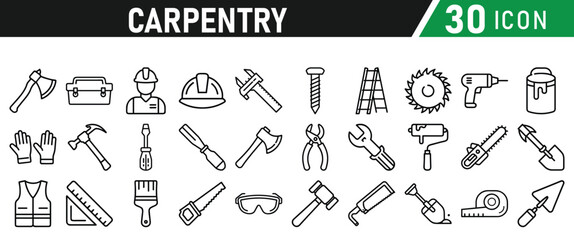 Set of icons related to carpentry. Linear icon collection. Vector illustration