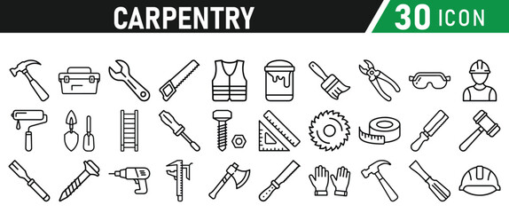 Set of icons related to carpentry. Linear icon collection. Vector illustration