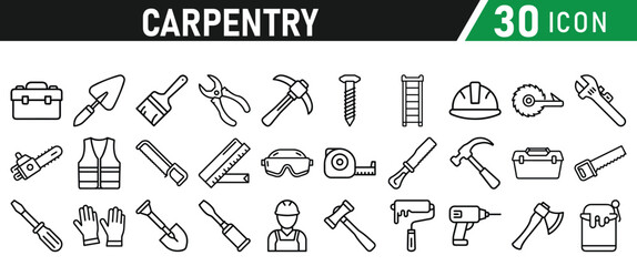 Set of icons related to carpentry. Linear icon collection. Vector illustration