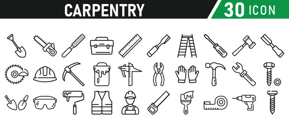 Set of icons related to carpentry. Linear icon collection. Vector illustration