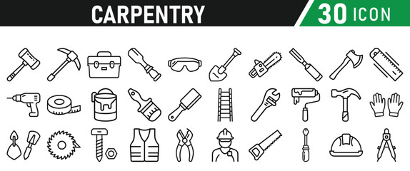 Set of icons related to carpentry. Linear icon collection. Vector illustration
