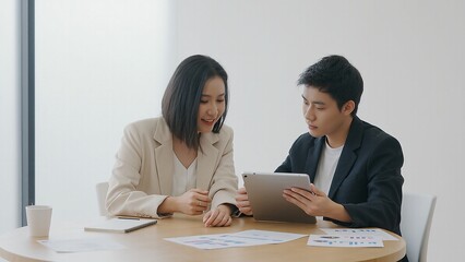 Business professionals collaborating on a tablet computer, analyzing data and taking notes at a modern office meeting.