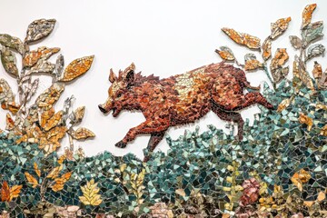 A vibrant mosaic depicting a wild boar running through a field of colorful foliage.