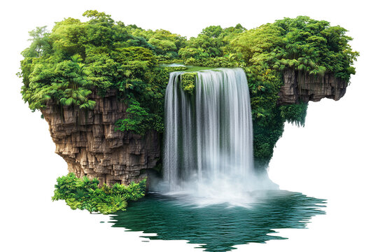 Imagen de selva tropical con exuberante vegetaci&oacute;n y una cascada de agua que cae sobre un lago. El fondo es transparente