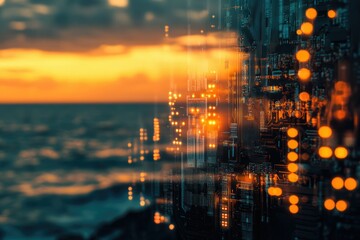 Sunset over the ocean, overlaid with a glowing circuit board, symbolizing technological advancement and connection to nature.