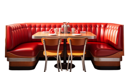 Retro Diner Booth Red Leather Seats, Classic American Cafe Design with Wooden Table.