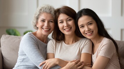Three Asian women of different generations, smiling, embracing, and posing for a portrait indoors.