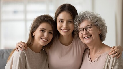 Smiling Three Generation Women: Grandmother, Mother, and Daughter Embracing in a Family Portrait Indoors.