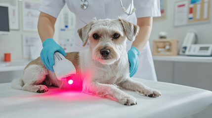 Veterinarian performing laser therapy on dog's joint for pain relief and healing