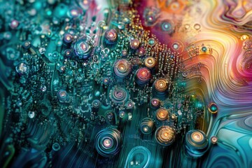 Abstract digital art depicting a futuristic circuit board with glowing orbs and swirling patterns.