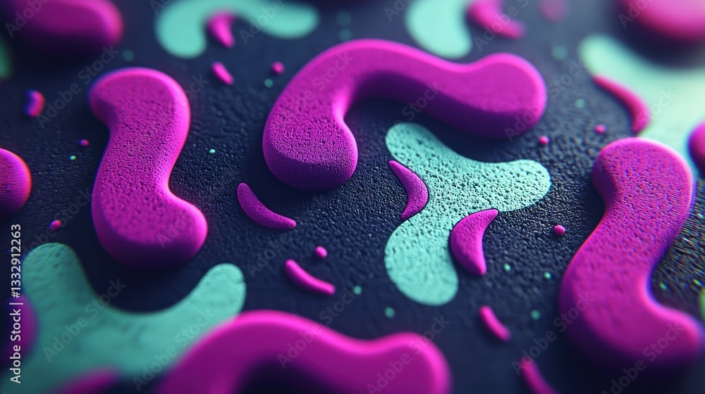 Poster abstract pink and turquoise, blob shapes on dark textured surface. macro view