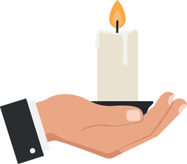 Hand holding a lit candle with a warm glow in a minimal vector illustration