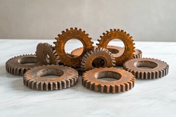 A collection of rusty cogwheels, interlocked, showcasing industrial heritage and mechanical complexity.