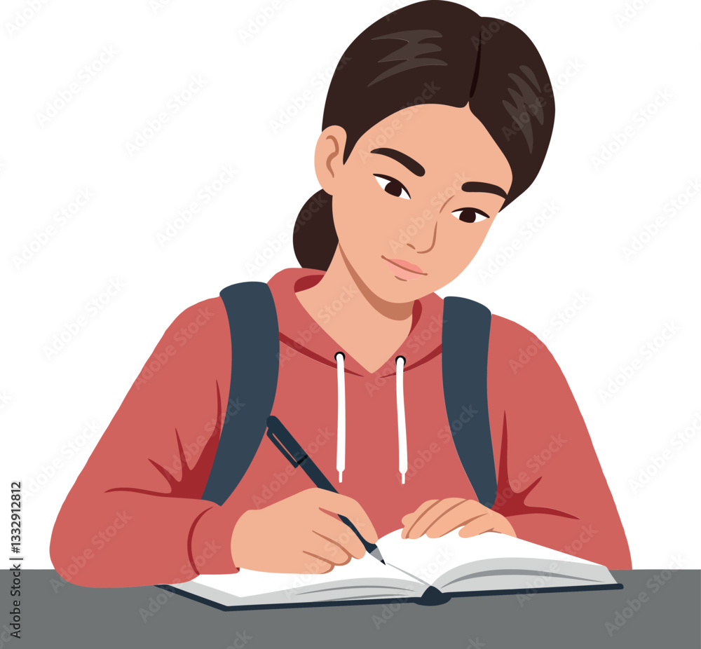 Poster a focused student writing in a notebook while sitting at a desk in a flat vector illustration