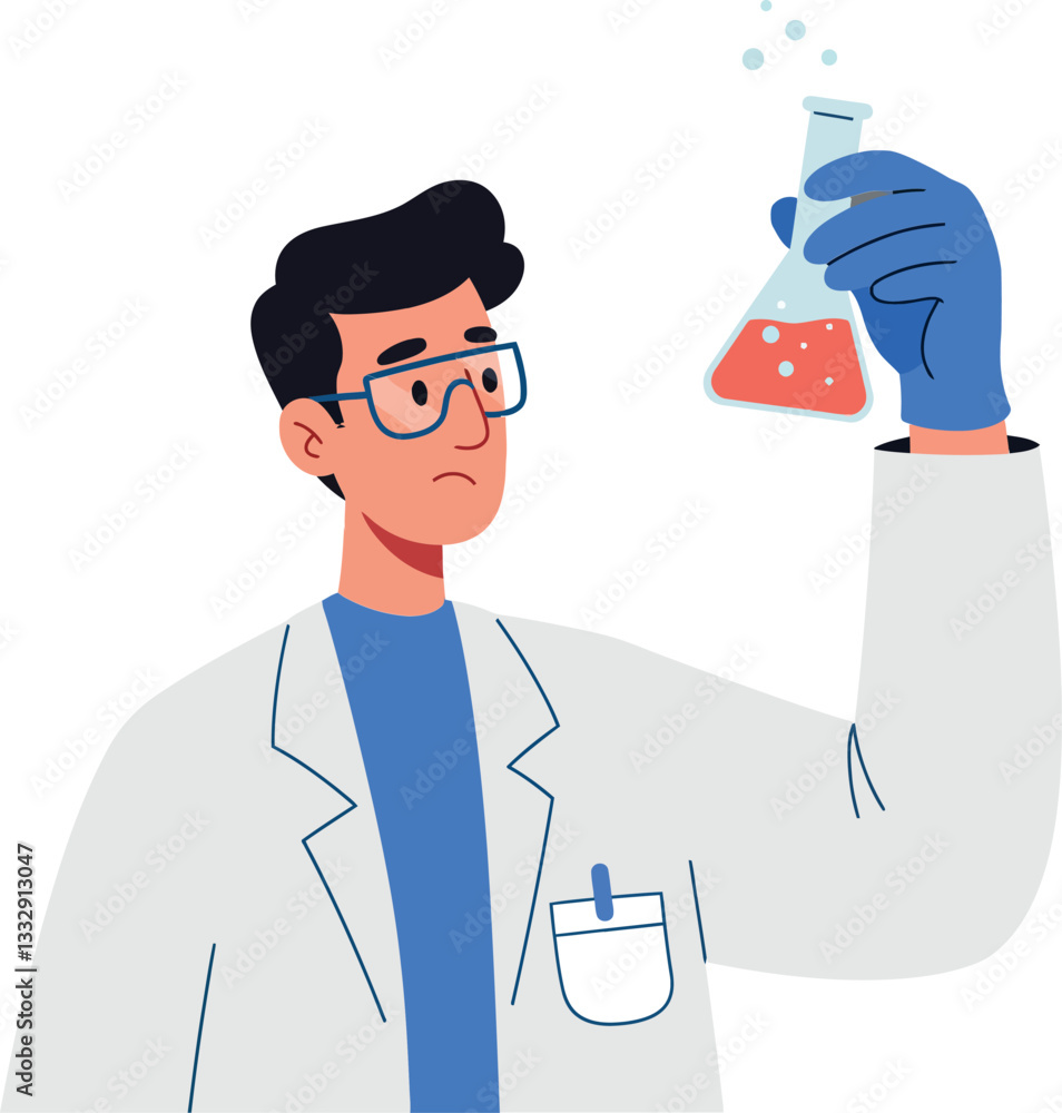 Poster scientist in a lab coat examining a flask with red liquid in a flat vector illustration