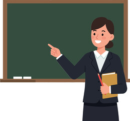 Teacher in a black suit holding a notebook while pointing at a green chalkboard, flat vector illustration