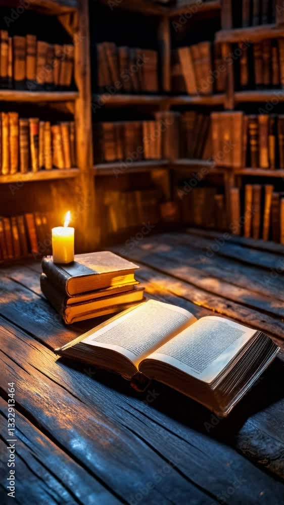 Poster candlelight reading. ancient library with vintage books and warm illumination, vertical loop with ge