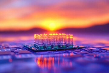 Sunset illuminates a futuristic microchip, showcasing technological advancement and innovation.