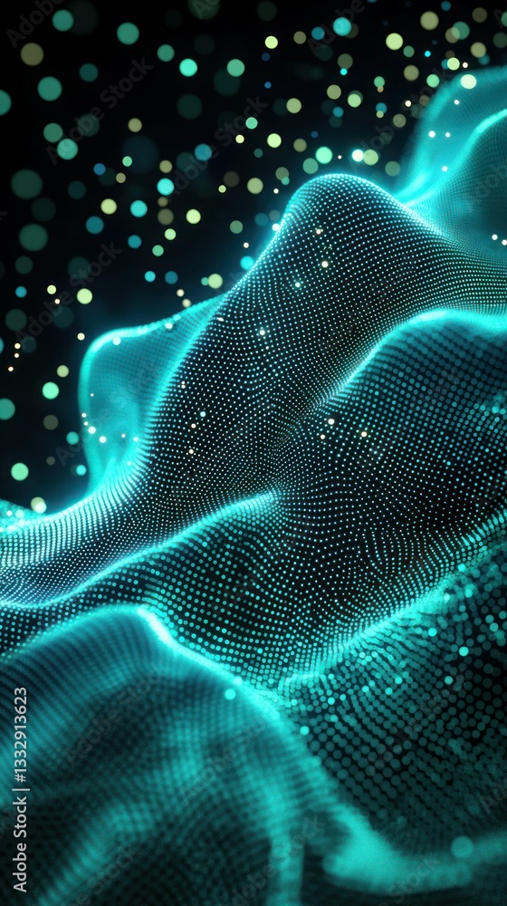 Poster abstract turquoise waveform with bokeh-like golden particles on dark field