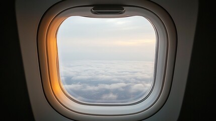 Naklejka premium Airplane window shows clouds. Sunlight shines on the window's edge