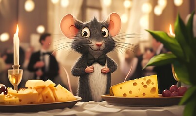 A charming cartoon mouse enjoys a sophisticated cheese and wine banquet