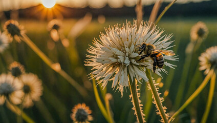 Obraz premium Close-up photo of a bee resting on a flower, surrounded by tall grasses as the sun sets behind