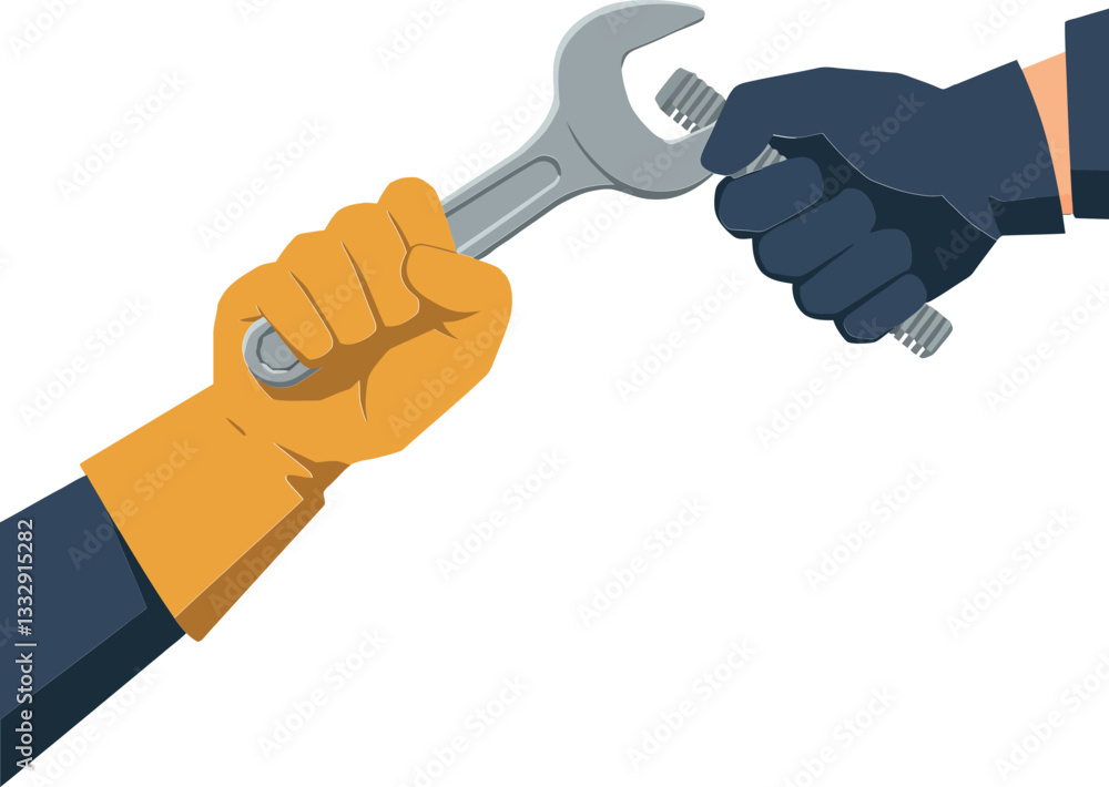 Poster hands gripping a silver wrench in a collaborative effort, flat vector illustration showcasing teamwo