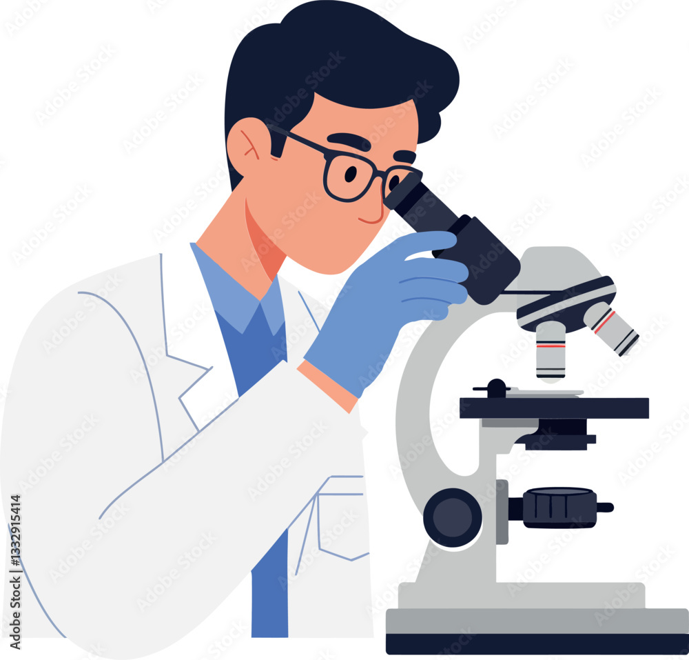 Poster scientist observing samples through a microscope in a flat vector illustration