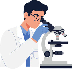 Scientist observing samples through a microscope in a flat vector illustration