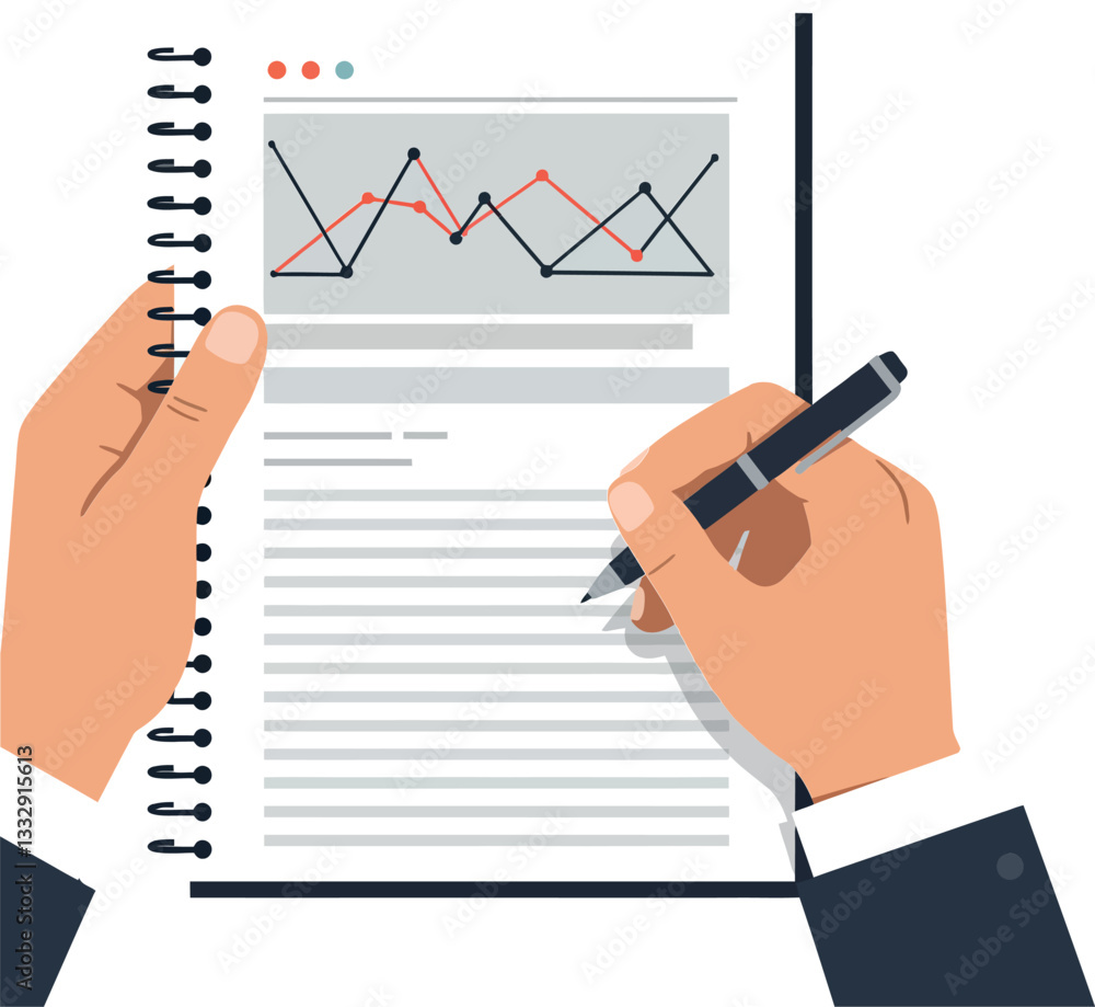 Poster hands holding a notepad and pen while analyzing data trends in a flat vector illustration