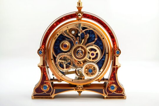 Intricate clock mechanism showcased in a golden and red ornate case, revealing complex gears and craftsmanship.