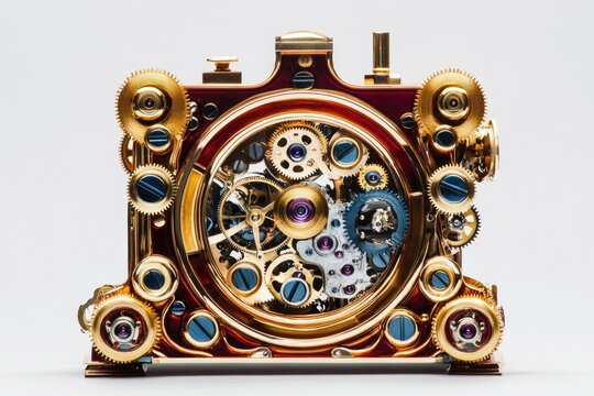 Intricate gold clockwork mechanism with exposed gears, showcasing exceptional craftsmanship.