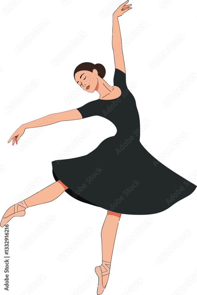 Poster elegant ballet dancer performing an expressive leap in flat vector illustration style showcasing gra