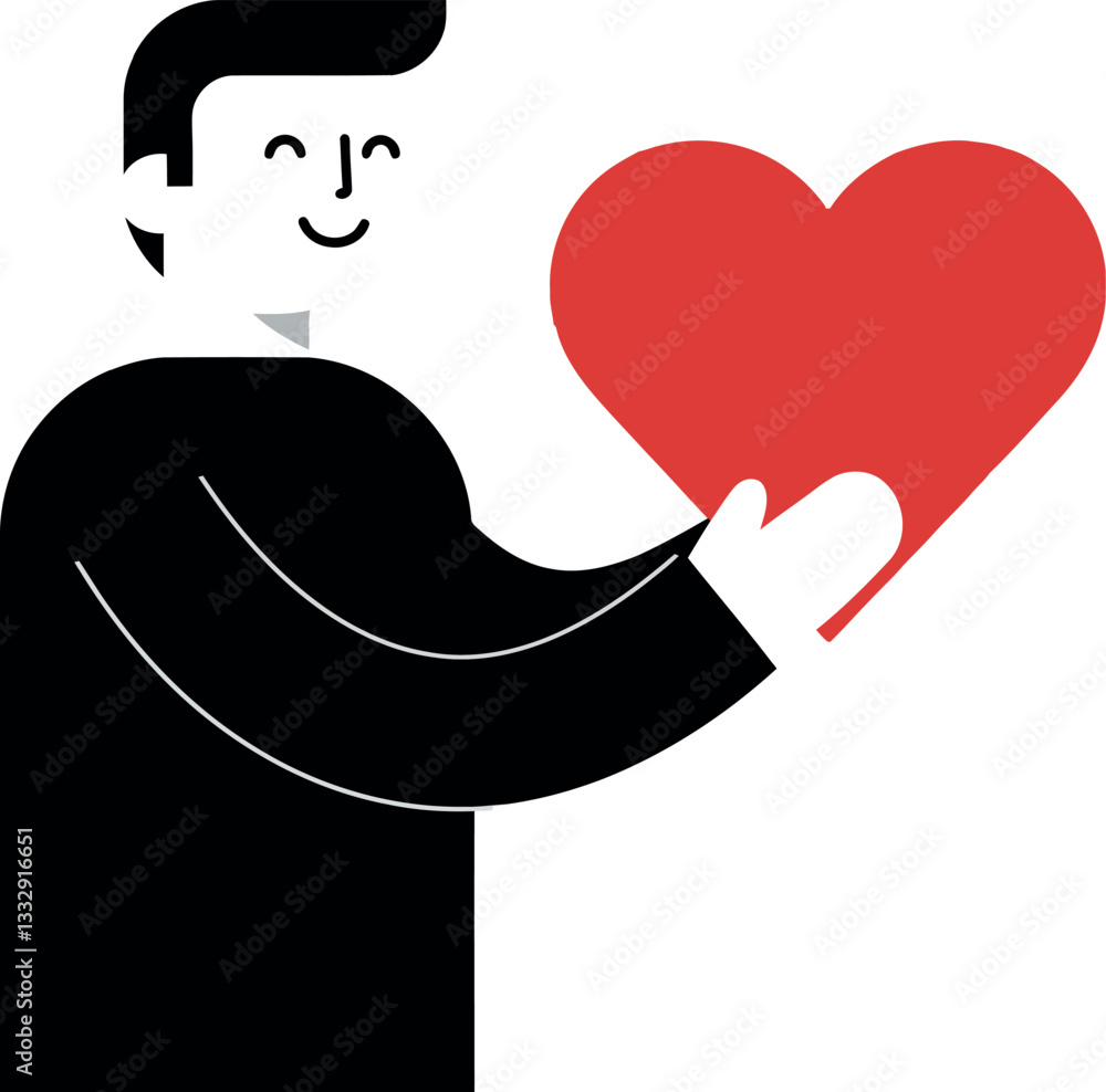 Poster man joyfully holding a large red heart in a minimalistic flat design vector illustration