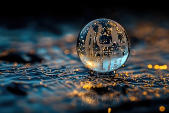 A glass sphere reflecting a circuit board, symbolizing the interconnectedness of technology and the global network.
