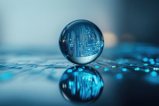 A crystal ball reflects a circuit board, symbolizing technology's complex and interconnected nature.