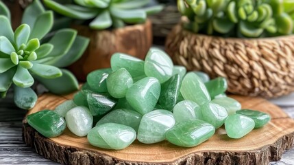 Polished green aventurine stones paired with an elegant succulent.