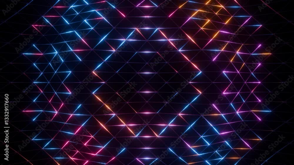 Wall mural abstract colorful futuristic glowing disco neon lines animation background, 4k seamless vj loop back