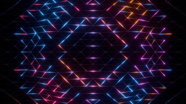 abstract colorful futuristic glowing disco neon lines animation background, 4k seamless vj loop backdrop video,  wave motion lights, pulsing wallpaper motion graphic