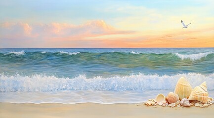 Obraz premium Serene Beach at Sunset: Gentle Waves, Seashells, and a Tranquil Seagull Flight at Dusk.