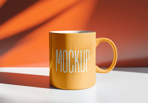Modern Ceramic Mug Mockup &ndash; Bold Yellow Coffee Cup with Sharp Shadows for Trendy Branding